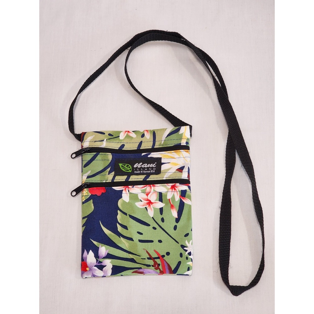 Nani Island Made in Hawaii Tropical Floral Crossbody Passport Bag Green Blue